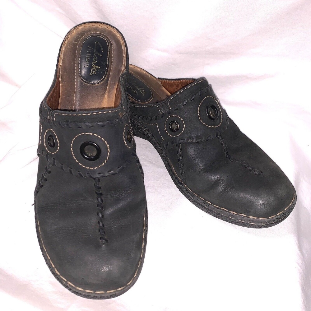 Clarks Artisan Women's Black Leather Suede￼ Clogs Mule Slip On 31270 9M